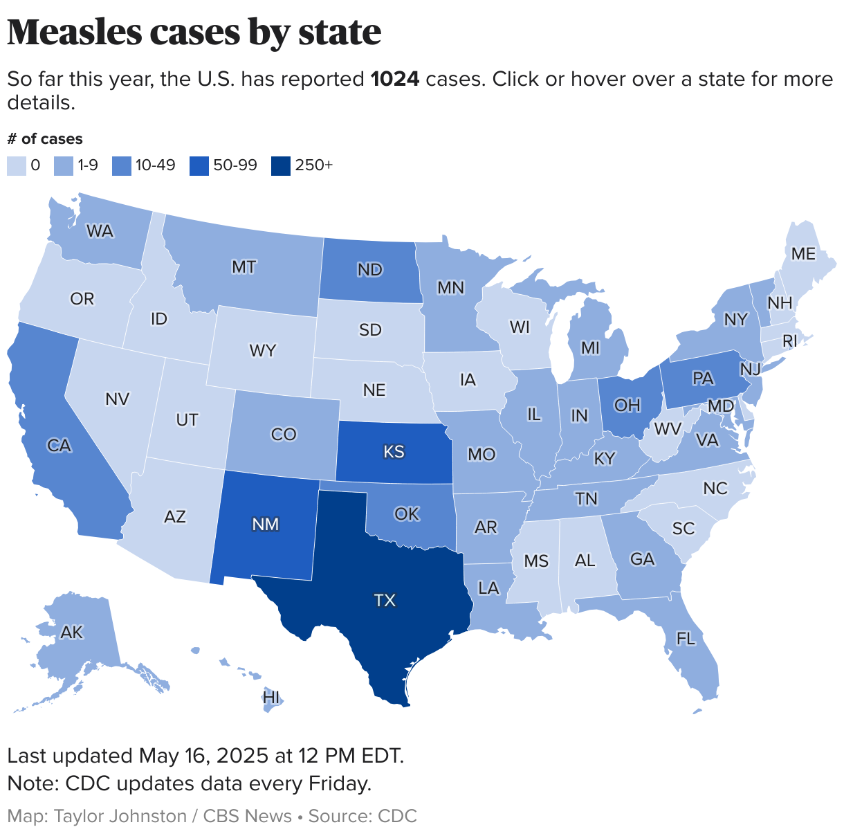 U.S. map showing number of reported cases of measles in 2025.