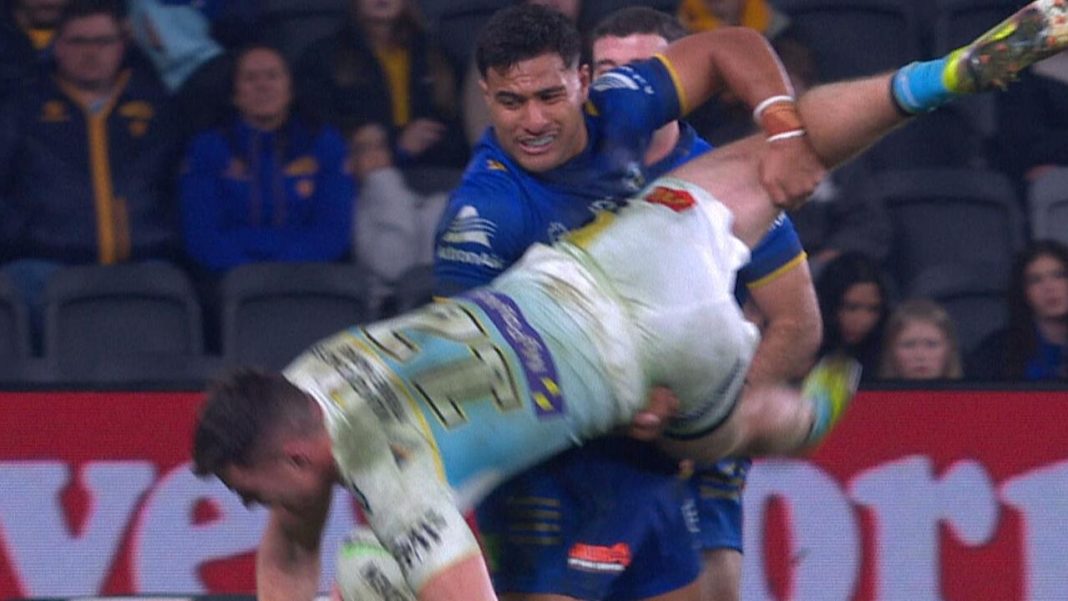 ‘Very dangerous’: Eels star faces ban after sin bin for ugly lifting tackle on Titans forward
