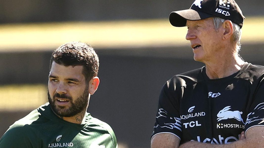 Coach Wayne Bennett with Adam Reynolds during the South Sydney Rabbitohs training session ahead of the do or die final against the Knights. Bennett is expected to be announced as this years State of Origin coach for Queensland. Picture. Phil Hillyard